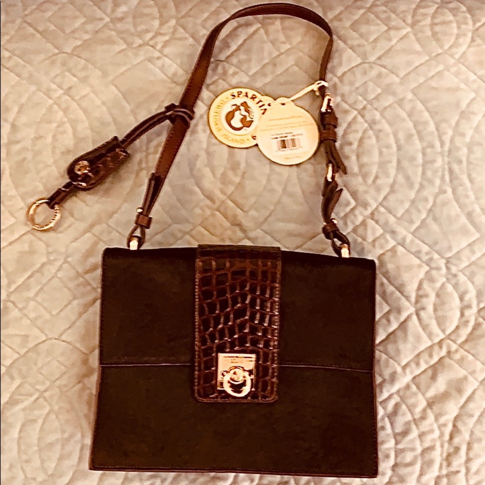Spartina 449 Croc Shoulder Bordeaux bag in dark brown with gold-tone hardware.